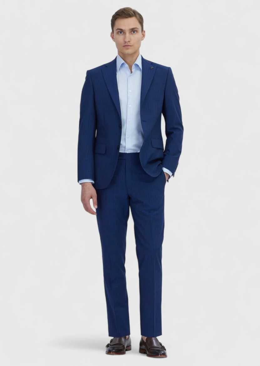 Light Indigo Striped Modern Fit Wool Blended Suit - RAMSEY