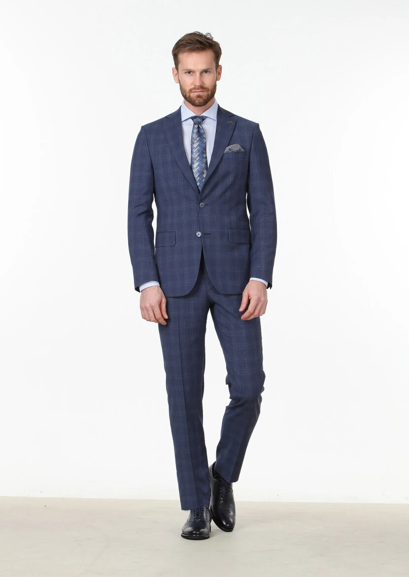 Light Navy Blue Checkered Modern Fit 100% Wool Suit - 1