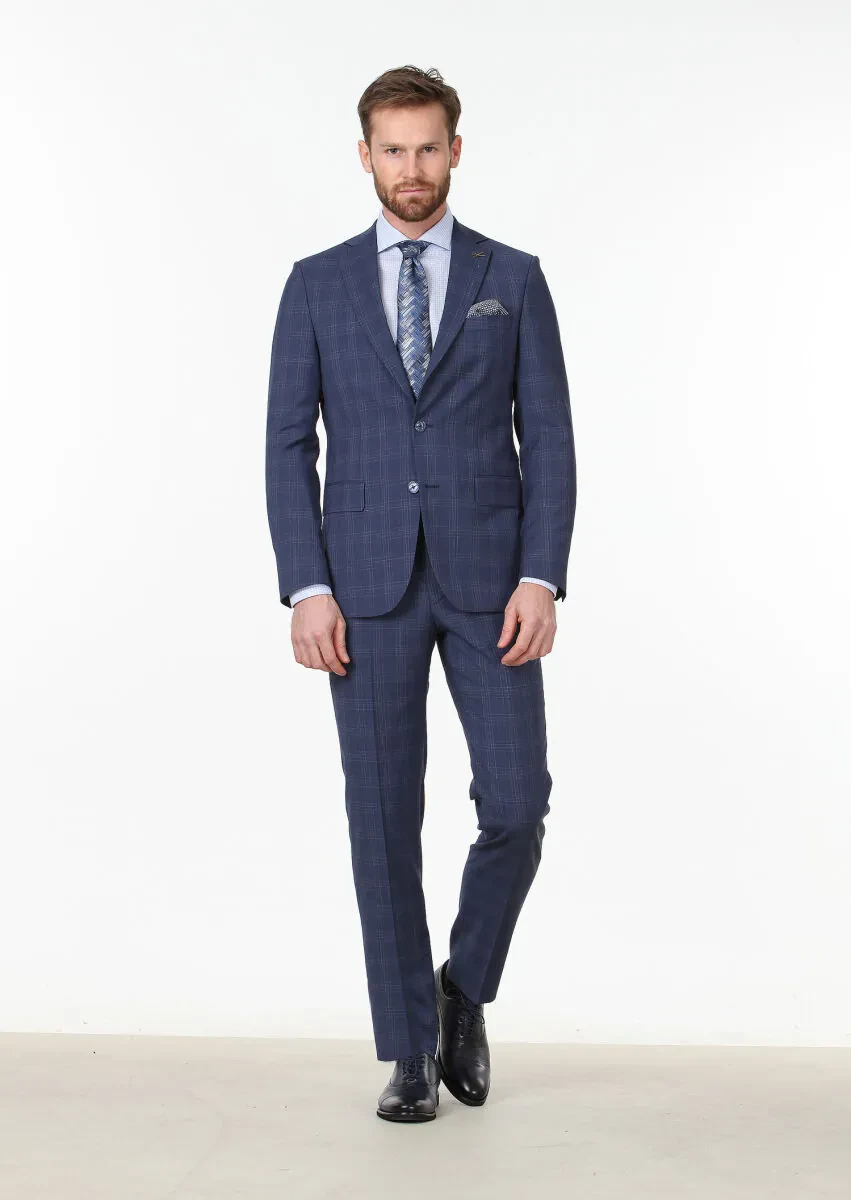 Light Navy Blue Checkered Modern Fit 100% Wool Suit - 1
