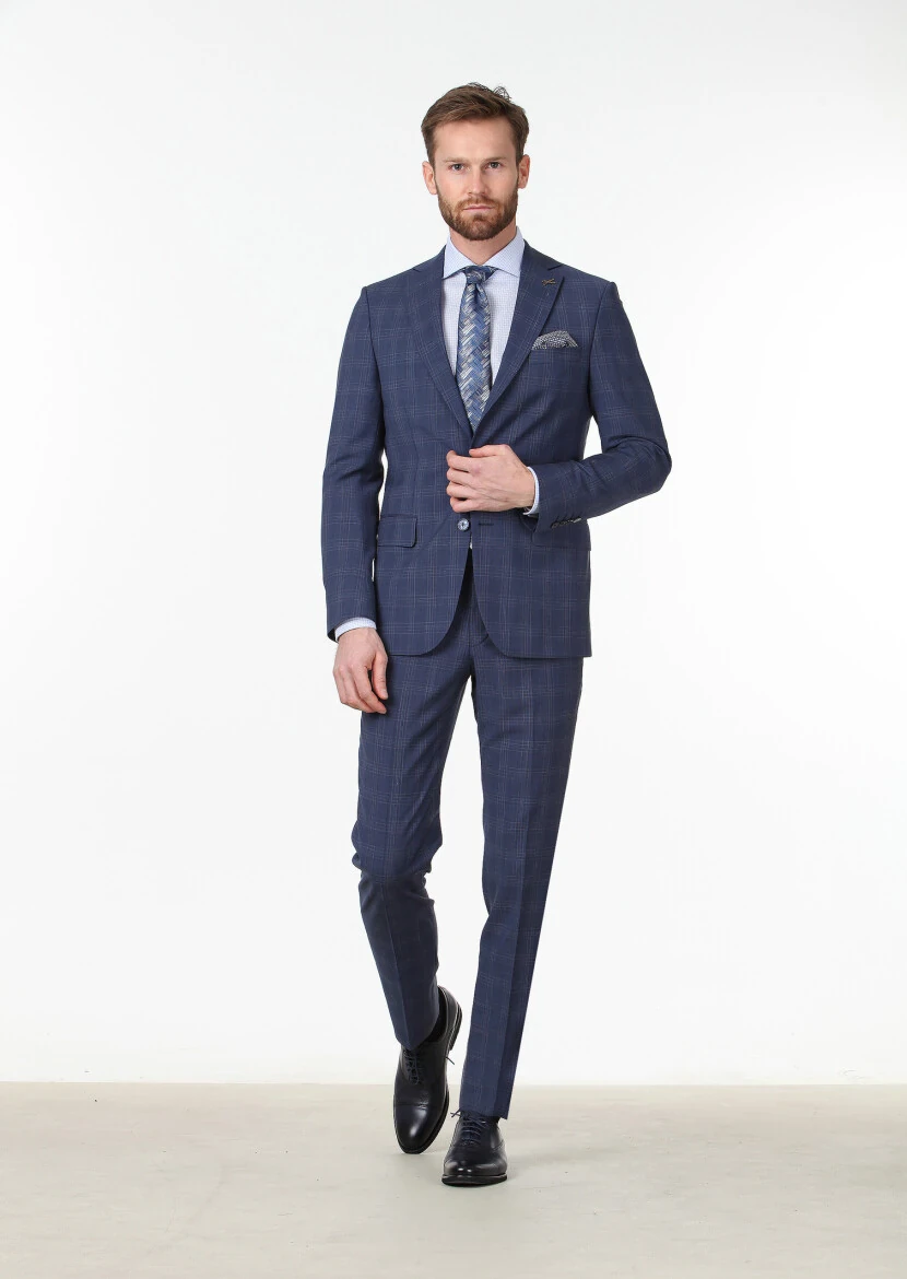 Light Navy Blue Checkered Modern Fit 100% Wool Suit - 2