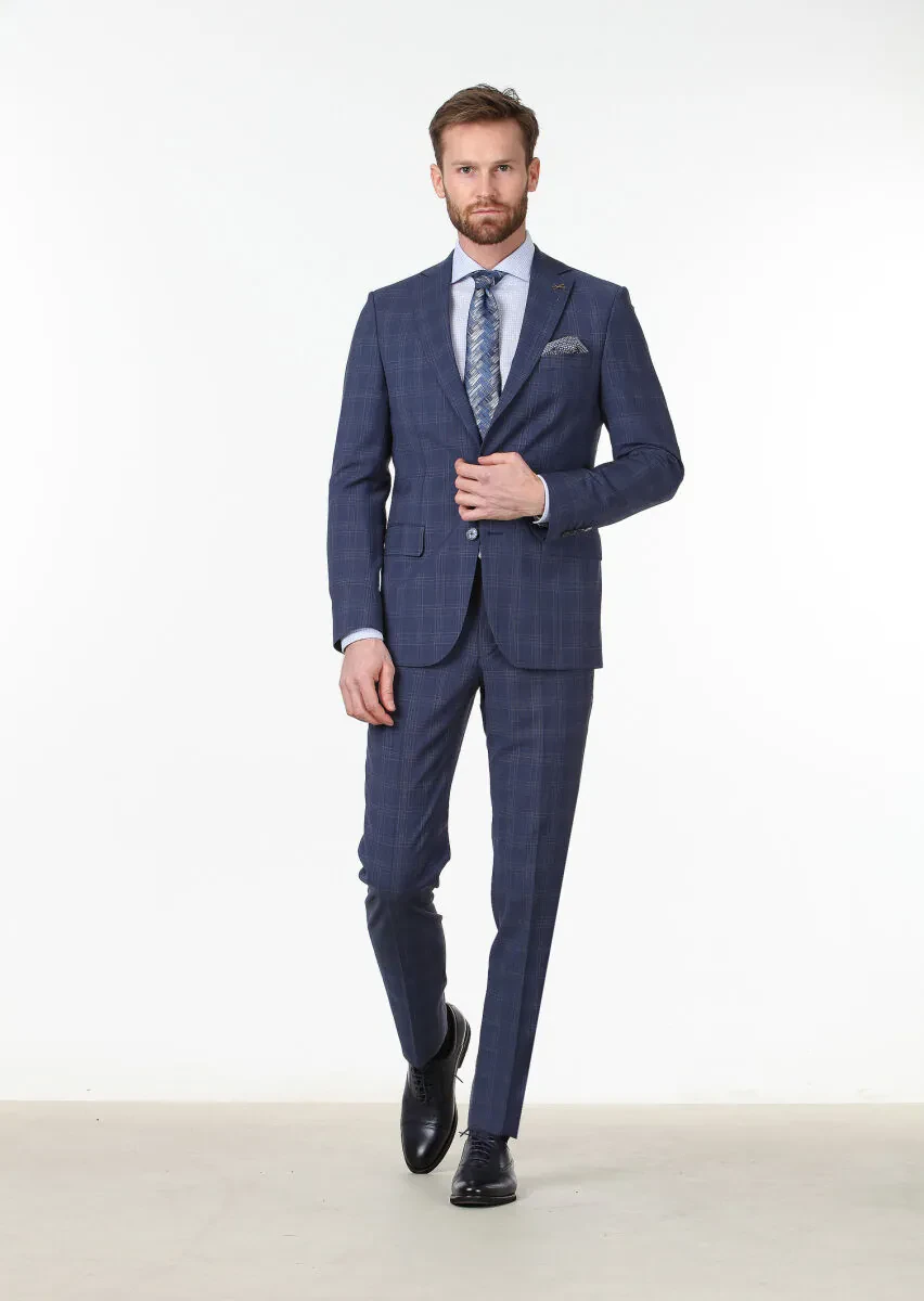 Light Navy Blue Checkered Modern Fit 100% Wool Suit - 2