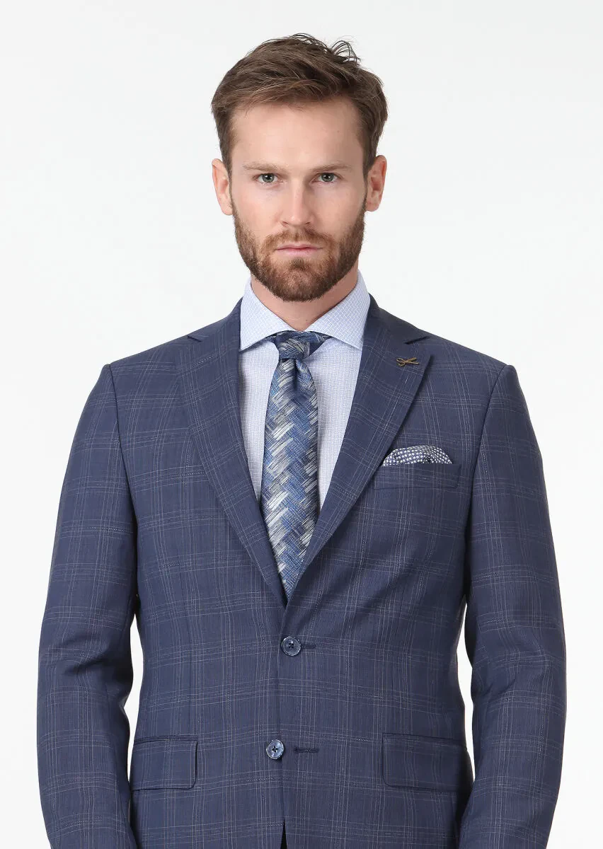 Light Navy Blue Checkered Modern Fit 100% Wool Suit - 3
