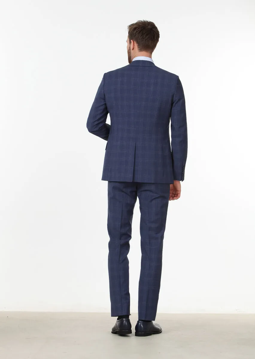 Light Navy Blue Checkered Modern Fit 100% Wool Suit - 4