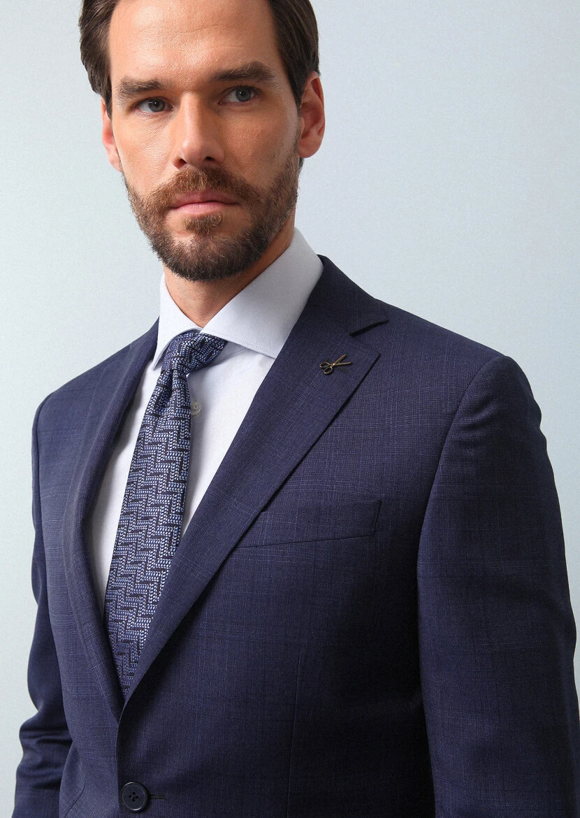 Light Navy Blue Checkered Modern Fit 100% Wool Suit - 2