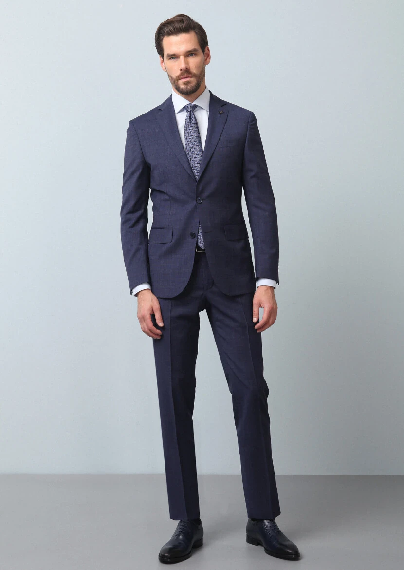 Light Navy Blue Checkered Modern Fit 100% Wool Suit - 4