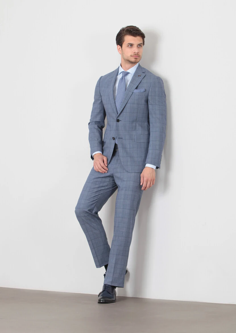 Light Navy Blue Checkered Regular Fit 100% Wool Suit - 1