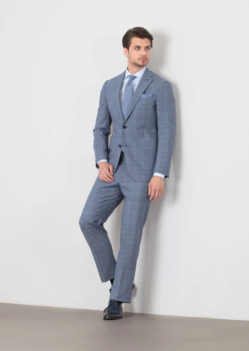 Light Navy Blue Checkered Regular Fit 100% Wool Suit - 1