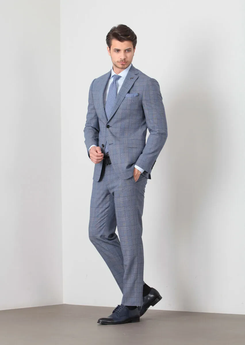 Light Navy Blue Checkered Regular Fit 100% Wool Suit - 2