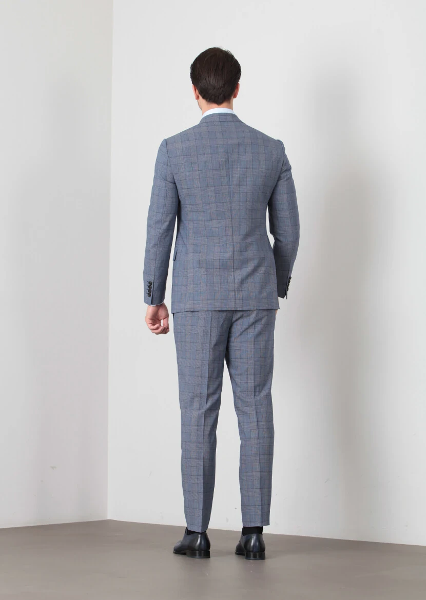 Light Navy Blue Checkered Regular Fit 100% Wool Suit - 4