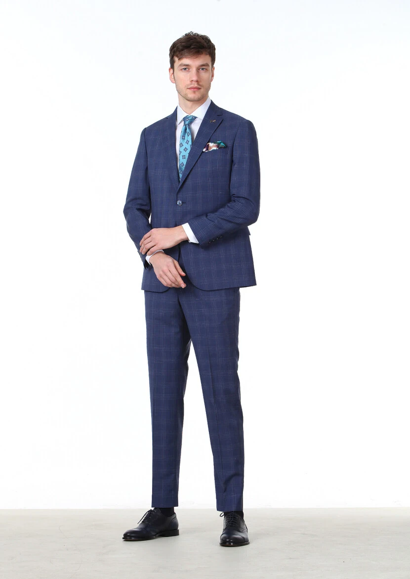 Light Navy Blue Checkered Regular Fit 100% Wool Suit - 1