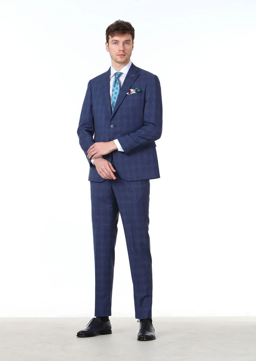 Light Navy Blue Checkered Regular Fit 100% Wool Suit - 1
