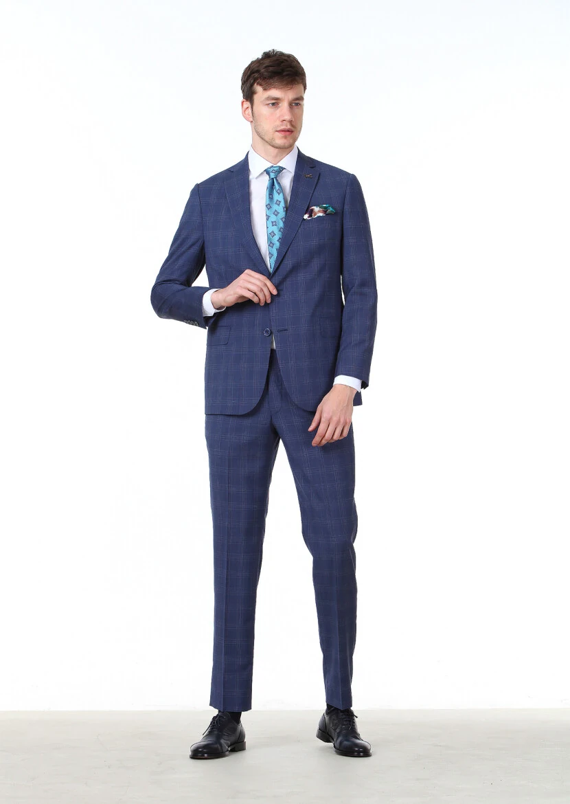 Light Navy Blue Checkered Regular Fit 100% Wool Suit - 2