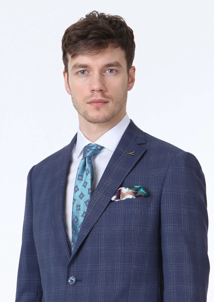 Light Navy Blue Checkered Regular Fit 100% Wool Suit - 3