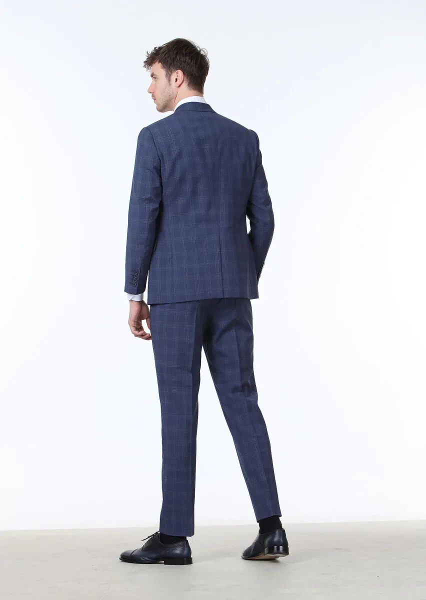 Light Navy Blue Checkered Regular Fit 100% Wool Suit - 4