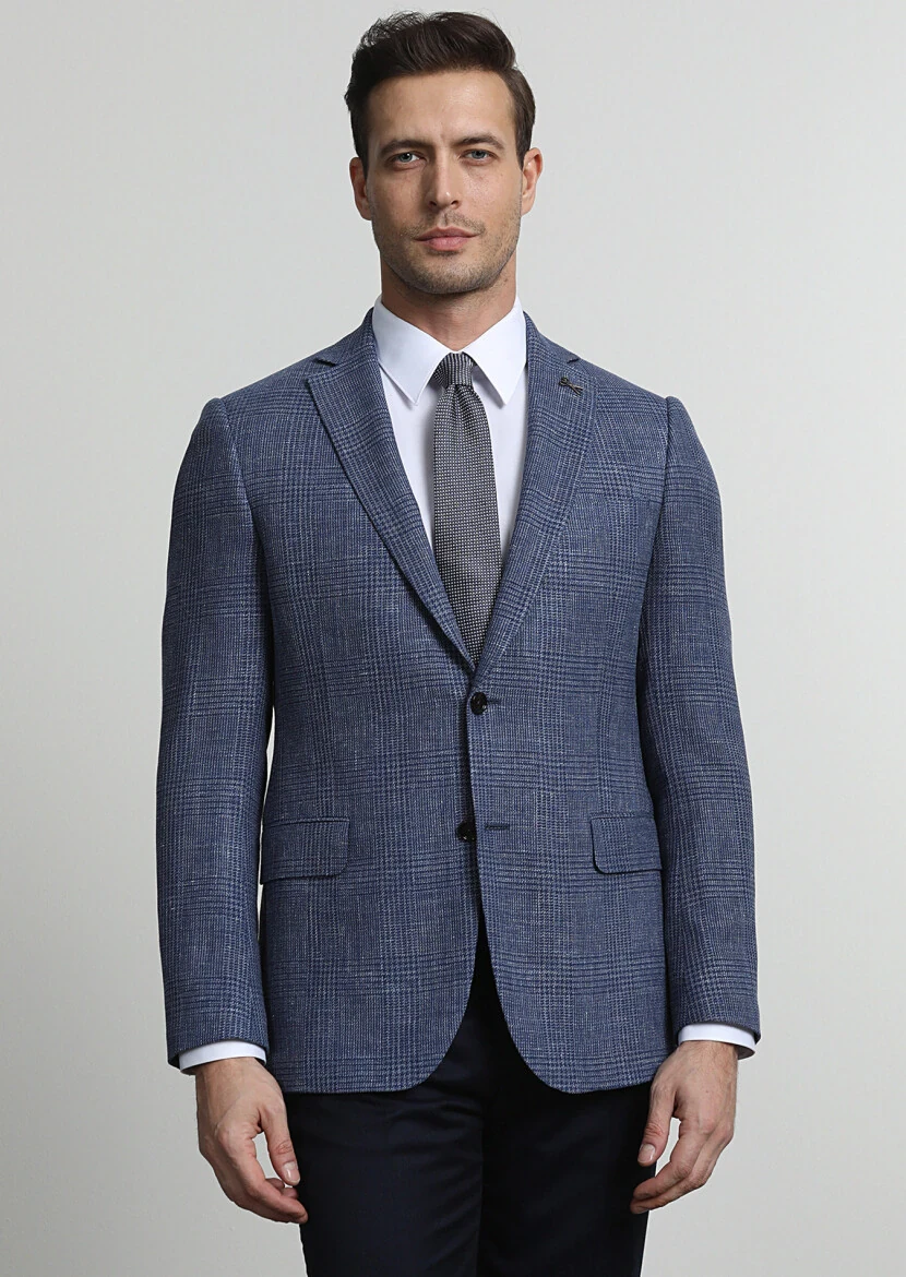 Light Navy Blue Checkered Regular Fit Silk Blended Jacket - 1