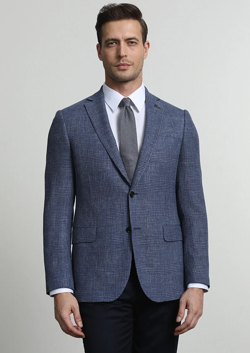 Light Navy Blue Checkered Regular Fit Silk Blended Jacket - 1