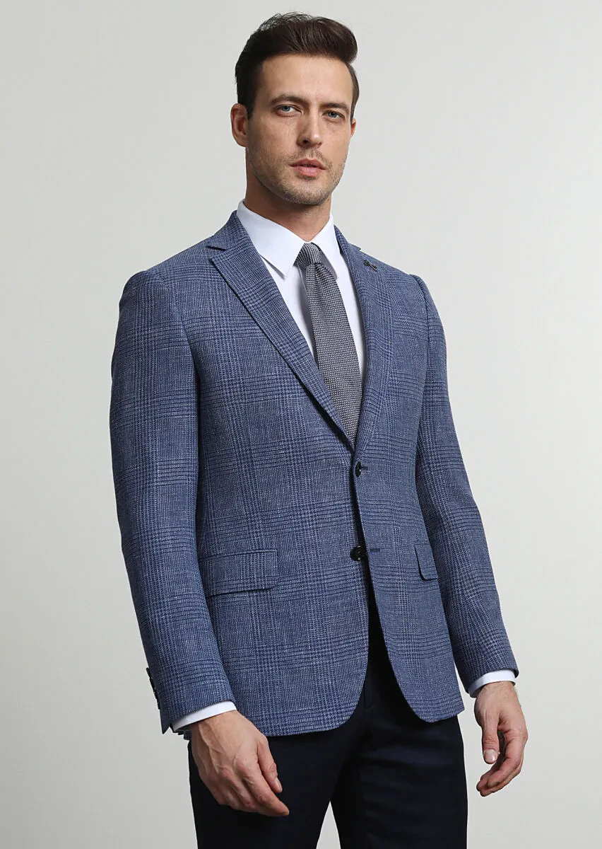 Light Navy Blue Checkered Regular Fit Silk Blended Jacket - 2