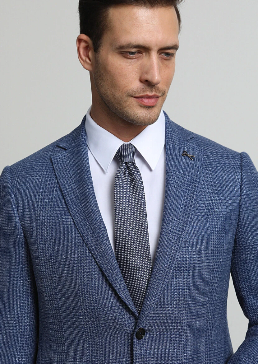 Light Navy Blue Checkered Regular Fit Silk Blended Jacket - 3