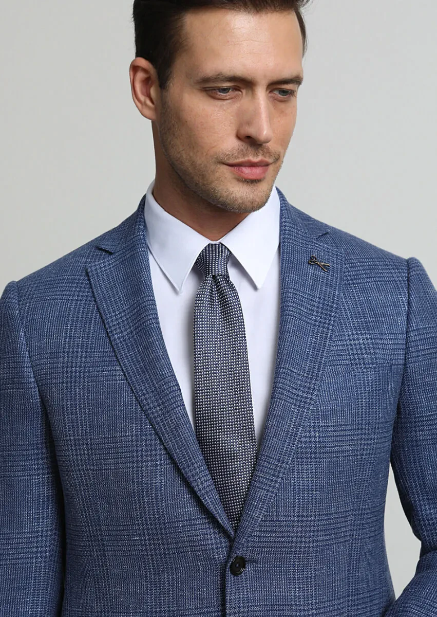 Light Navy Blue Checkered Regular Fit Silk Blended Jacket - 3