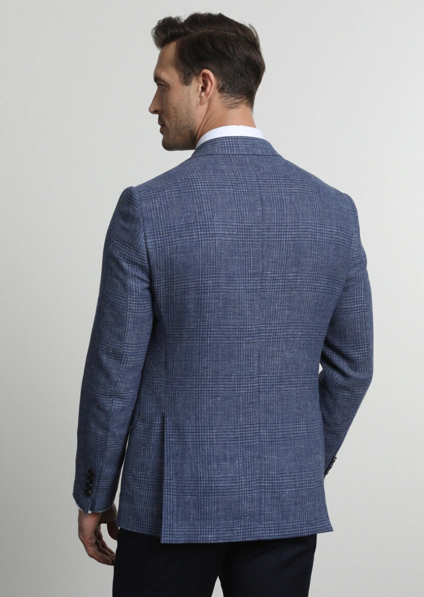 Light Navy Blue Checkered Regular Fit Silk Blended Jacket - 4