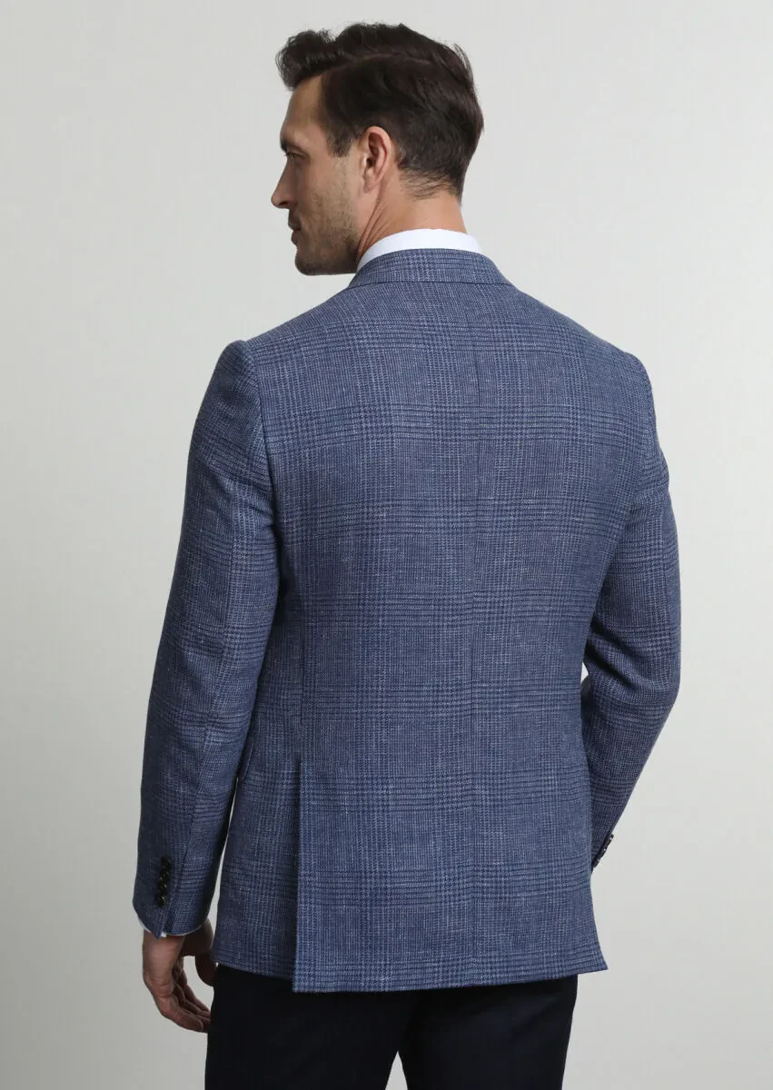 Light Navy Blue Checkered Regular Fit Silk Blended Jacket - 4