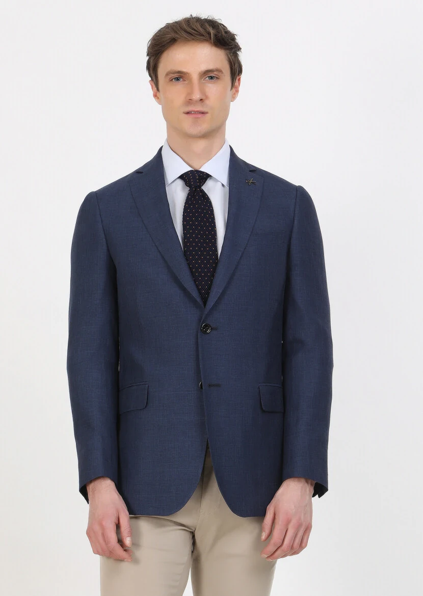 Light Navy Blue Checkered Regular Fit Silk Blended Jacket - 1