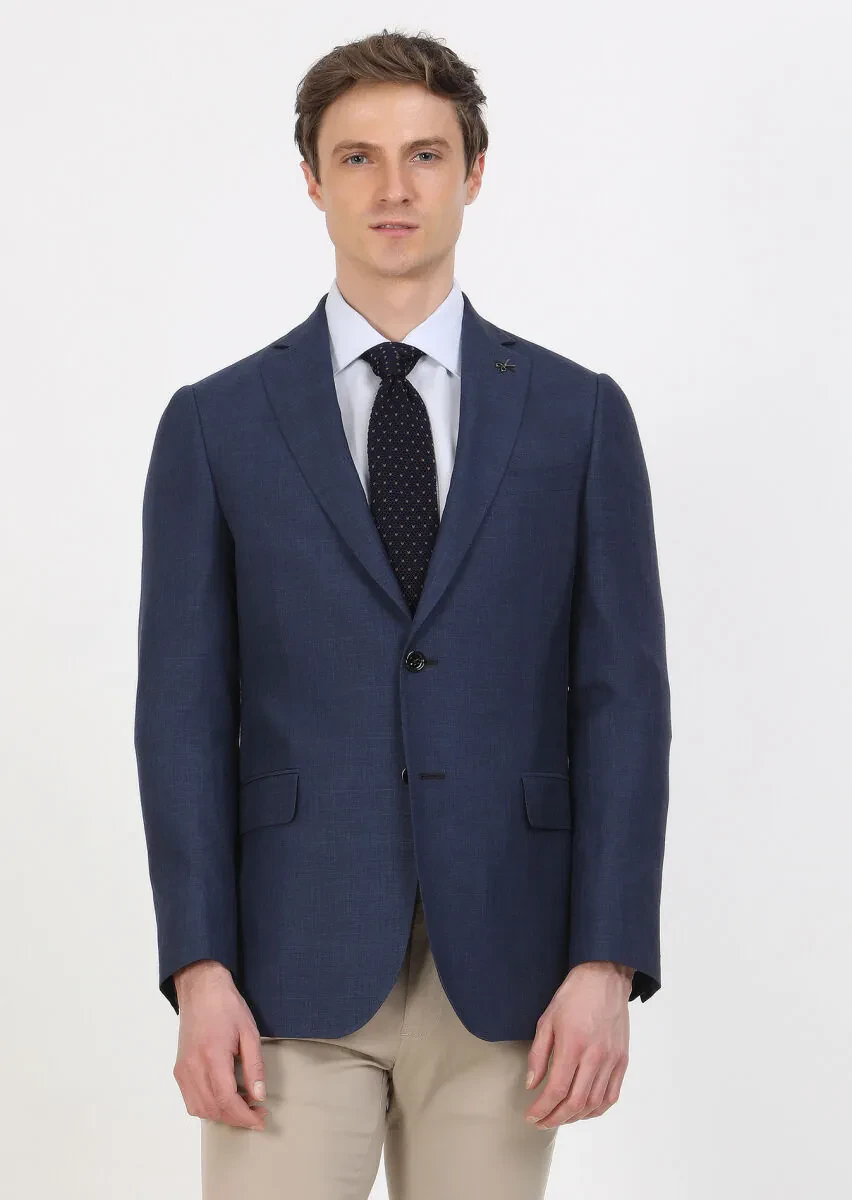 Light Navy Blue Checkered Regular Fit Silk Blended Jacket - 1