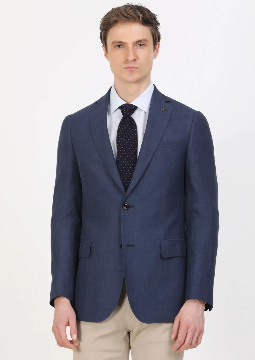 Light Navy Blue Checkered Regular Fit Silk Blended Jacket - 2