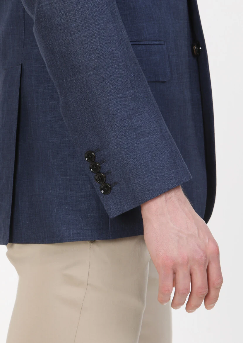 Light Navy Blue Checkered Regular Fit Silk Blended Jacket - 3