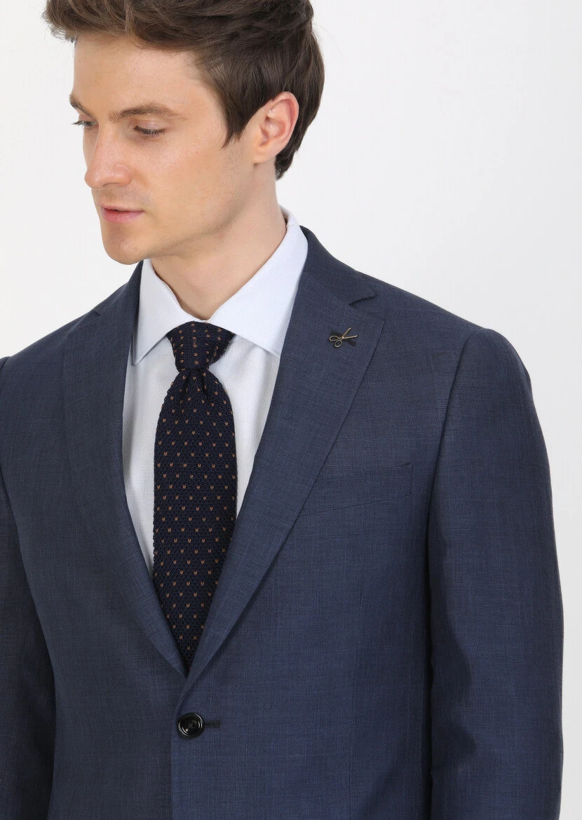 Light Navy Blue Checkered Regular Fit Silk Blended Jacket - 4