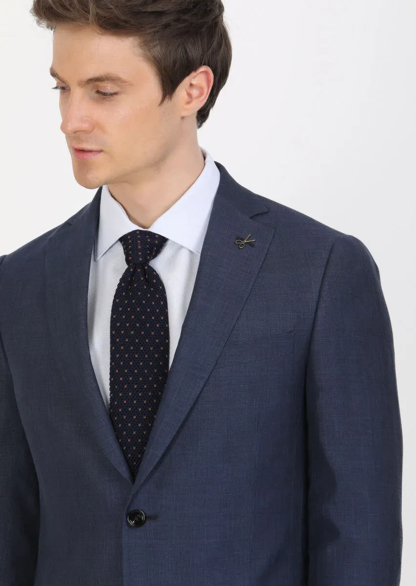 Light Navy Blue Checkered Regular Fit Silk Blended Jacket - 4