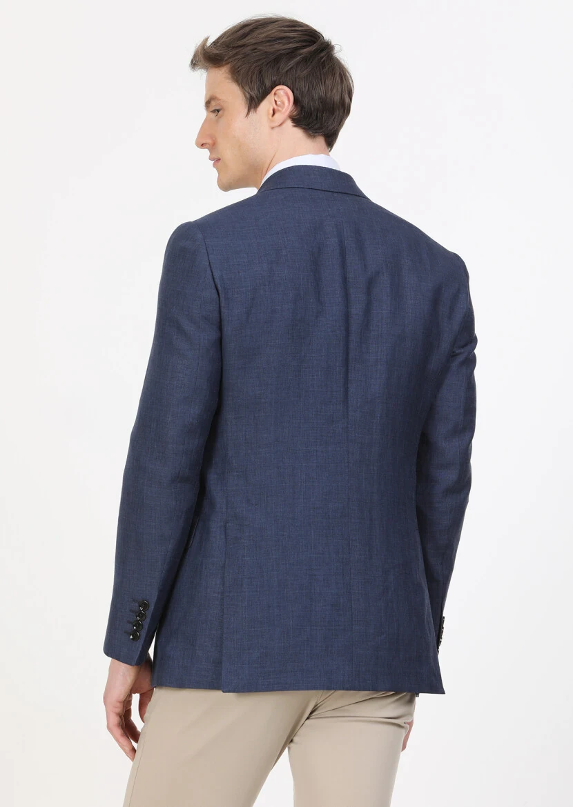 Light Navy Blue Checkered Regular Fit Silk Blended Jacket - 5