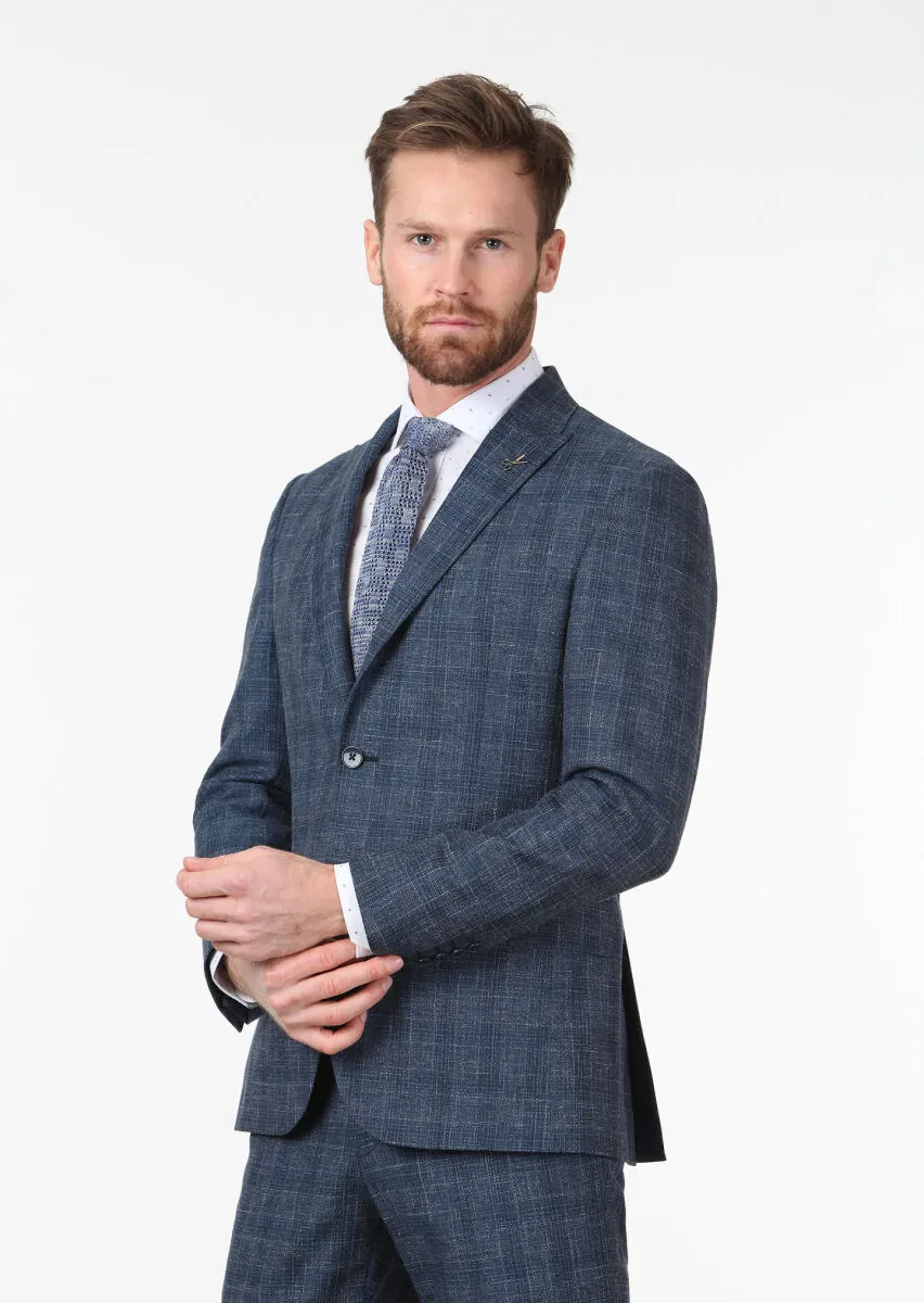 Light Navy Blue Checkered Zeroweight Slim Fit Wool Blended Suit - 1