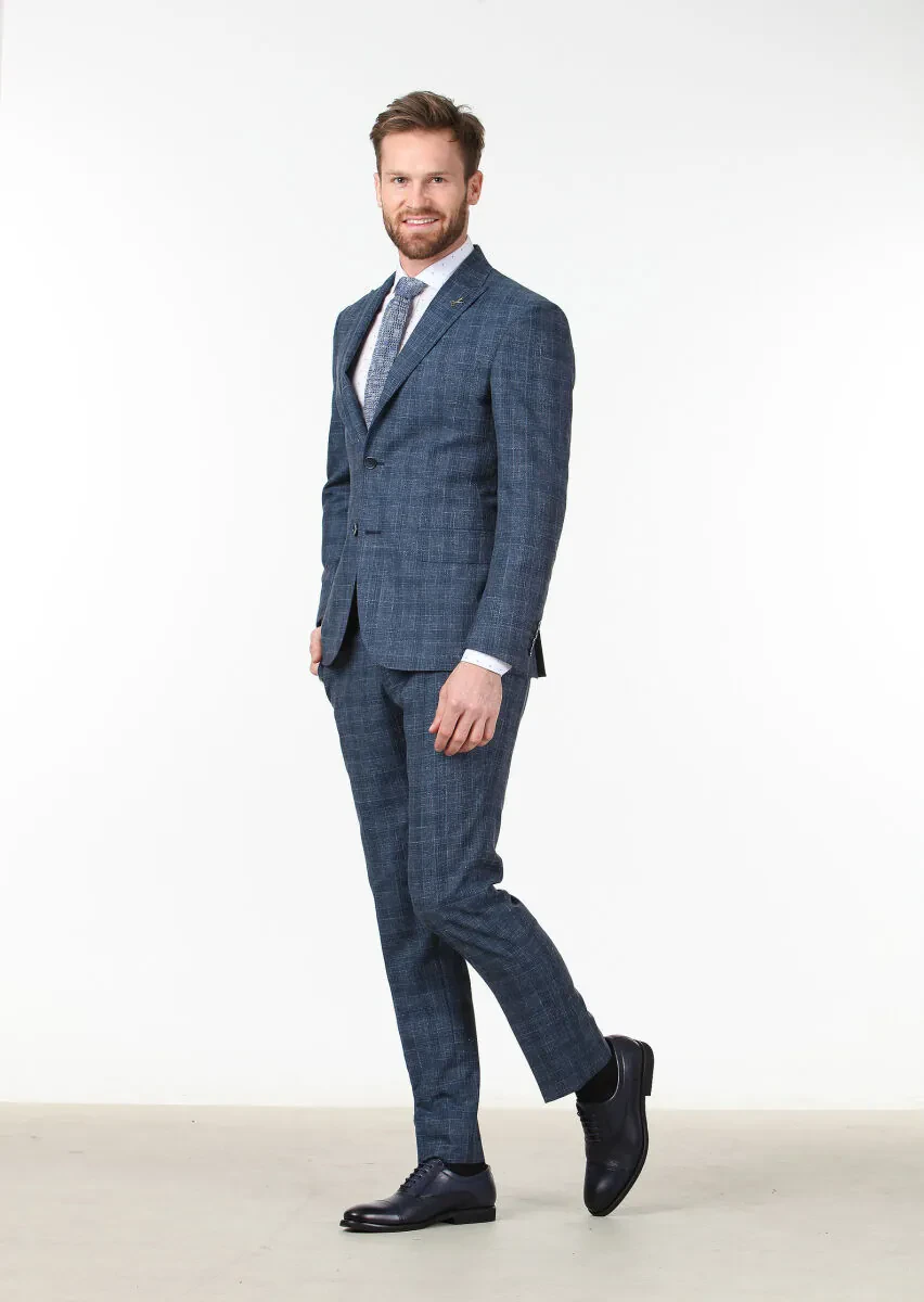 Light Navy Blue Checkered Zeroweight Slim Fit Wool Blended Suit - 2
