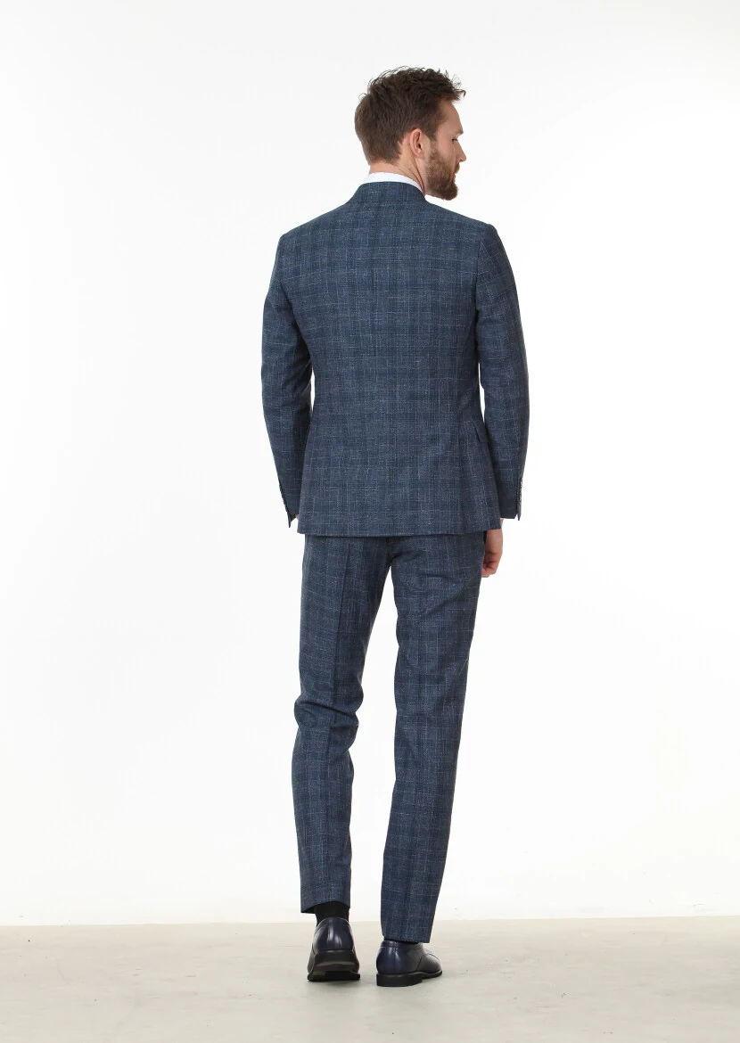 Light Navy Blue Checkered Zeroweight Slim Fit Wool Blended Suit - 4
