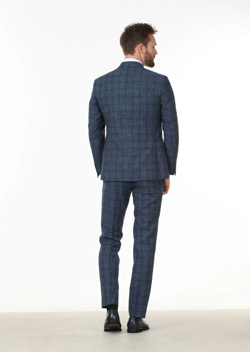 Light Navy Blue Checkered Zeroweight Slim Fit Wool Blended Suit - 4