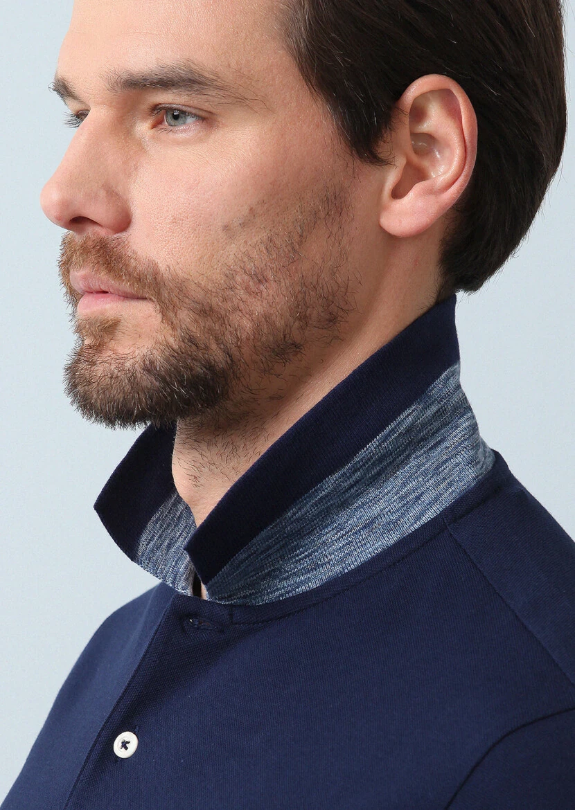 Light Navy Blue Jacquard Polo Neck 100% Cotton T-Shirt - 2