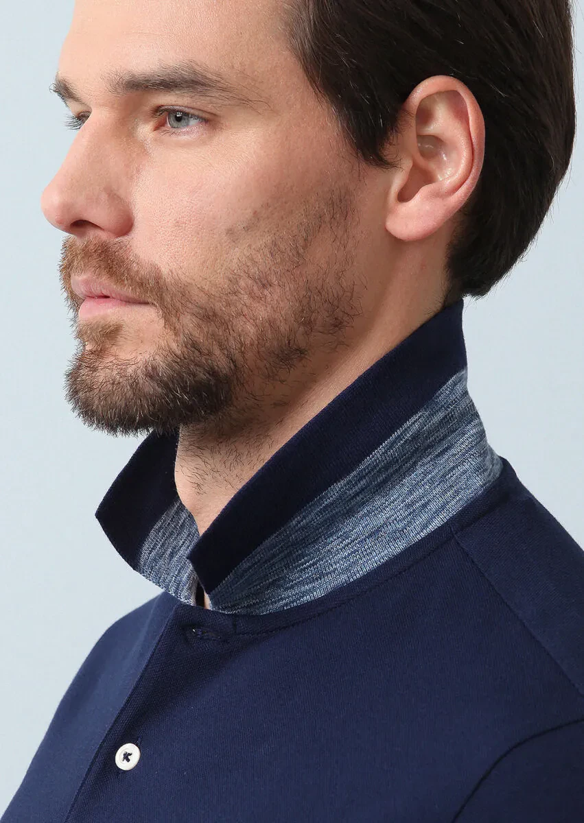 Light Navy Blue Jacquard Polo Neck 100% Cotton T-Shirt - 2