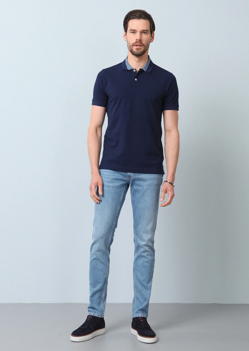 Light Navy Blue Jacquard Polo Neck 100% Cotton T-Shirt - 5