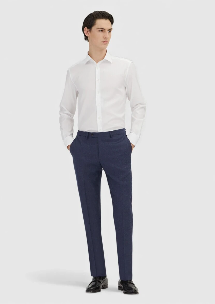 Light Navy Blue Material Regular Fit Classical 100% Wool Trousers - RAMSEY