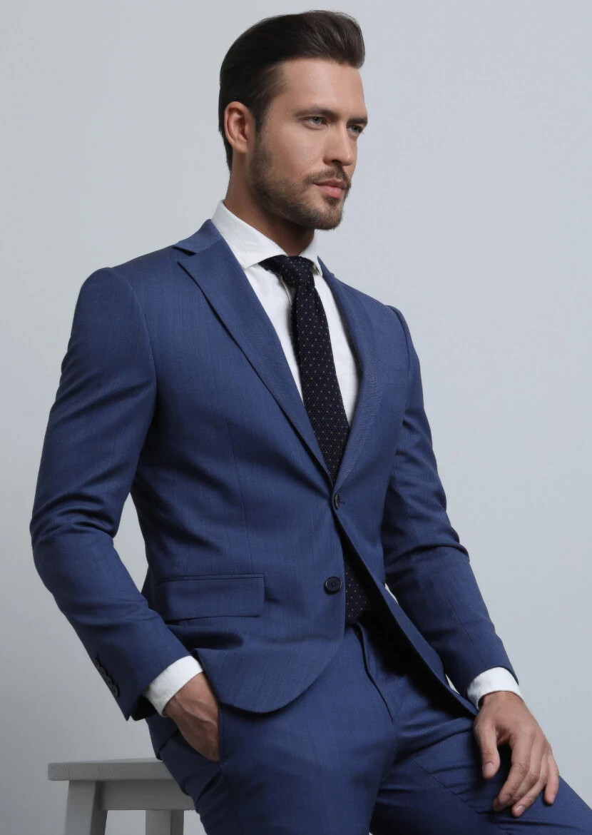 Light Navy Blue Micro Modern Fit Wool Blended Suit - 1