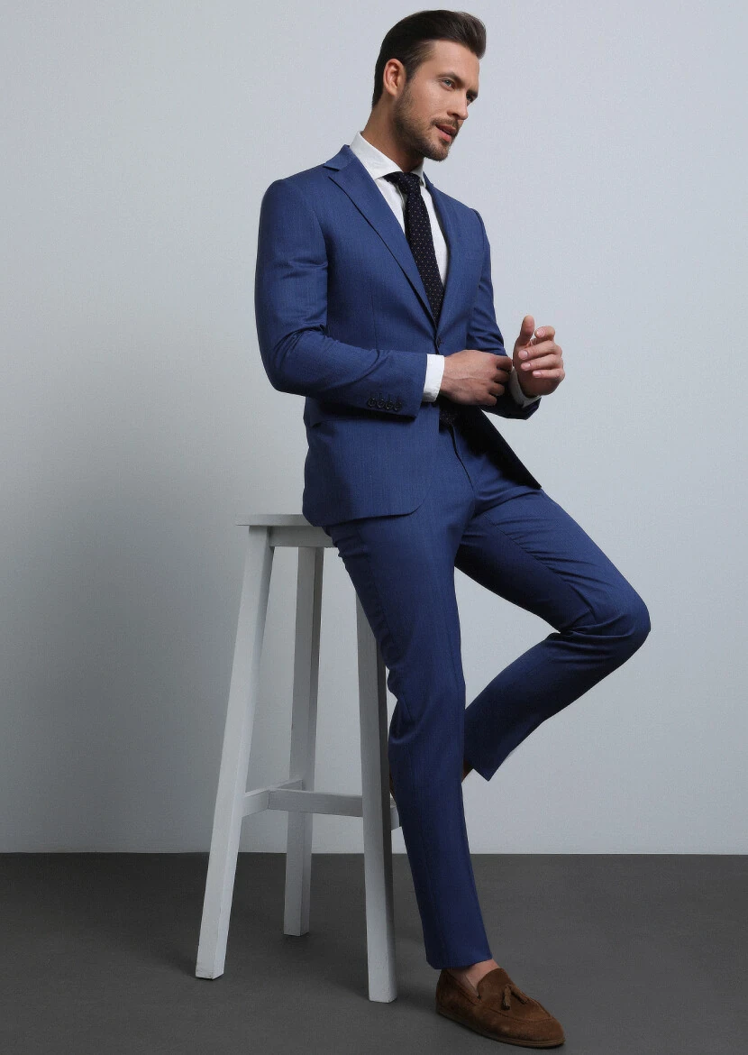 Light Navy Blue Micro Modern Fit Wool Blended Suit - 2