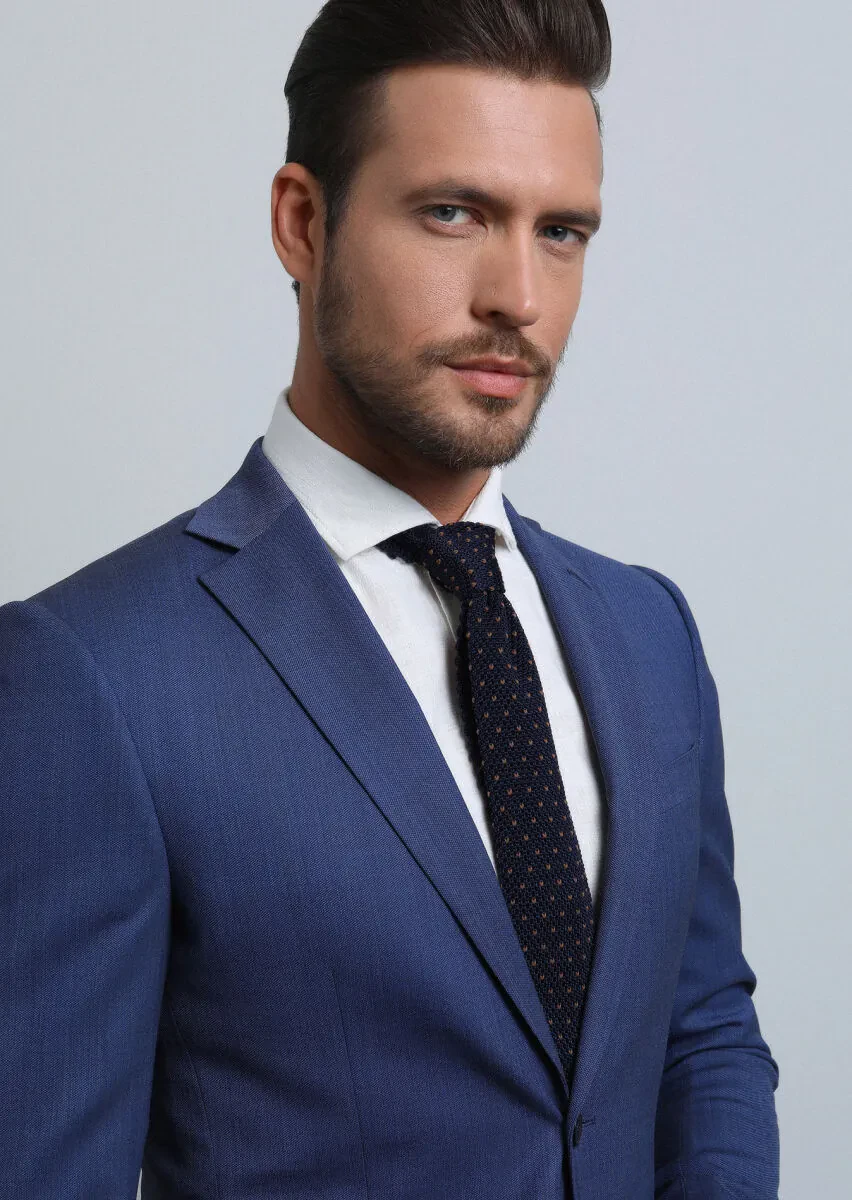 Light Navy Blue Micro Modern Fit Wool Blended Suit - 3