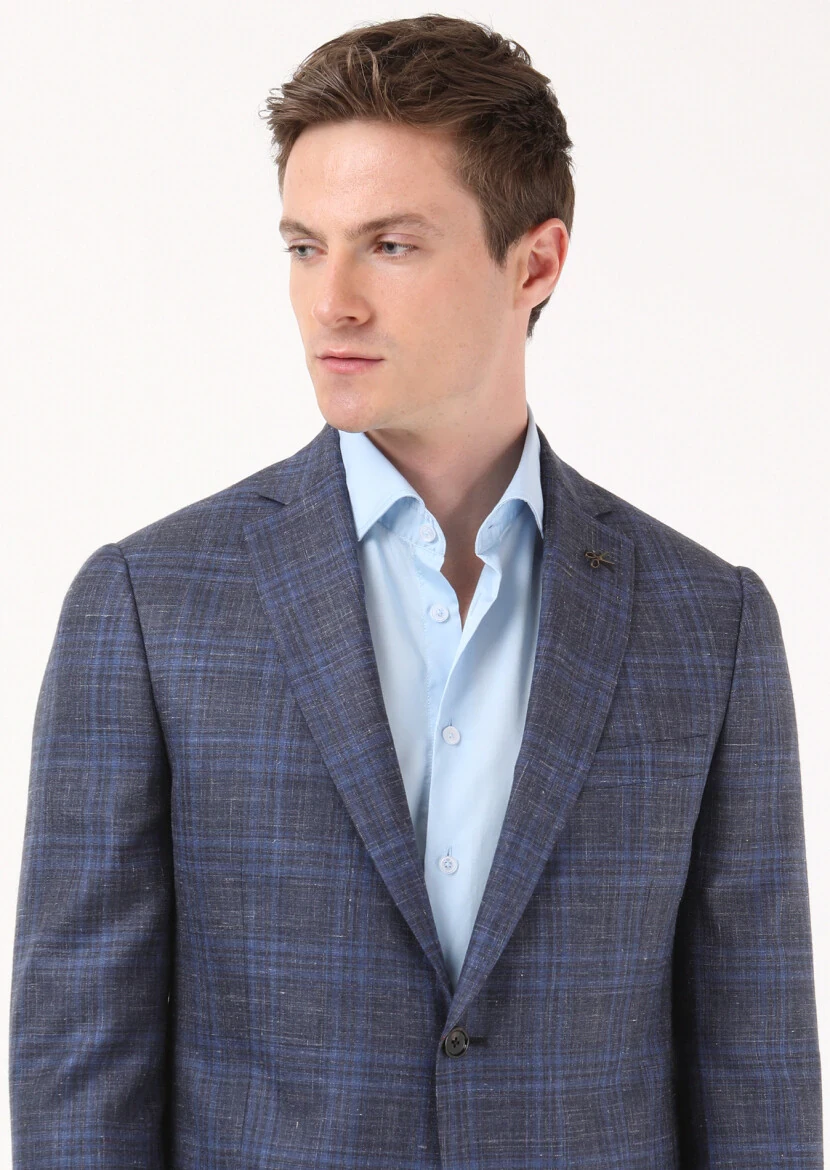 Light Navy Blue Micro Regular Fit Silk Blended Jacket - 1