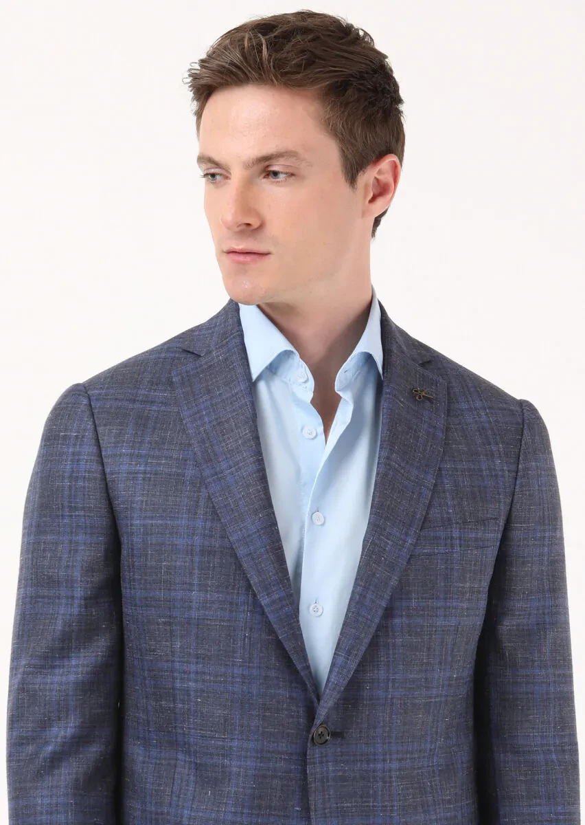 Light Navy Blue Micro Regular Fit Silk Blended Jacket - 1