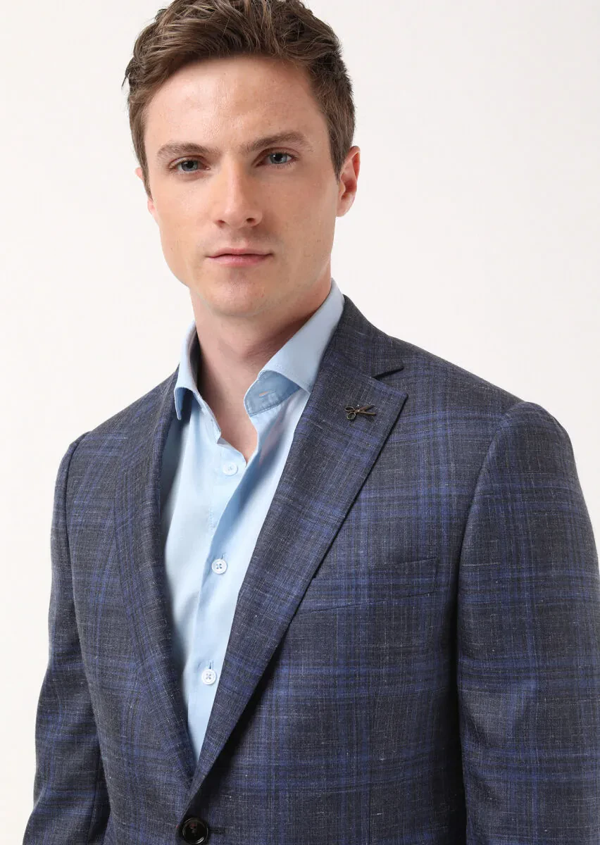 Light Navy Blue Micro Regular Fit Silk Blended Jacket - 3