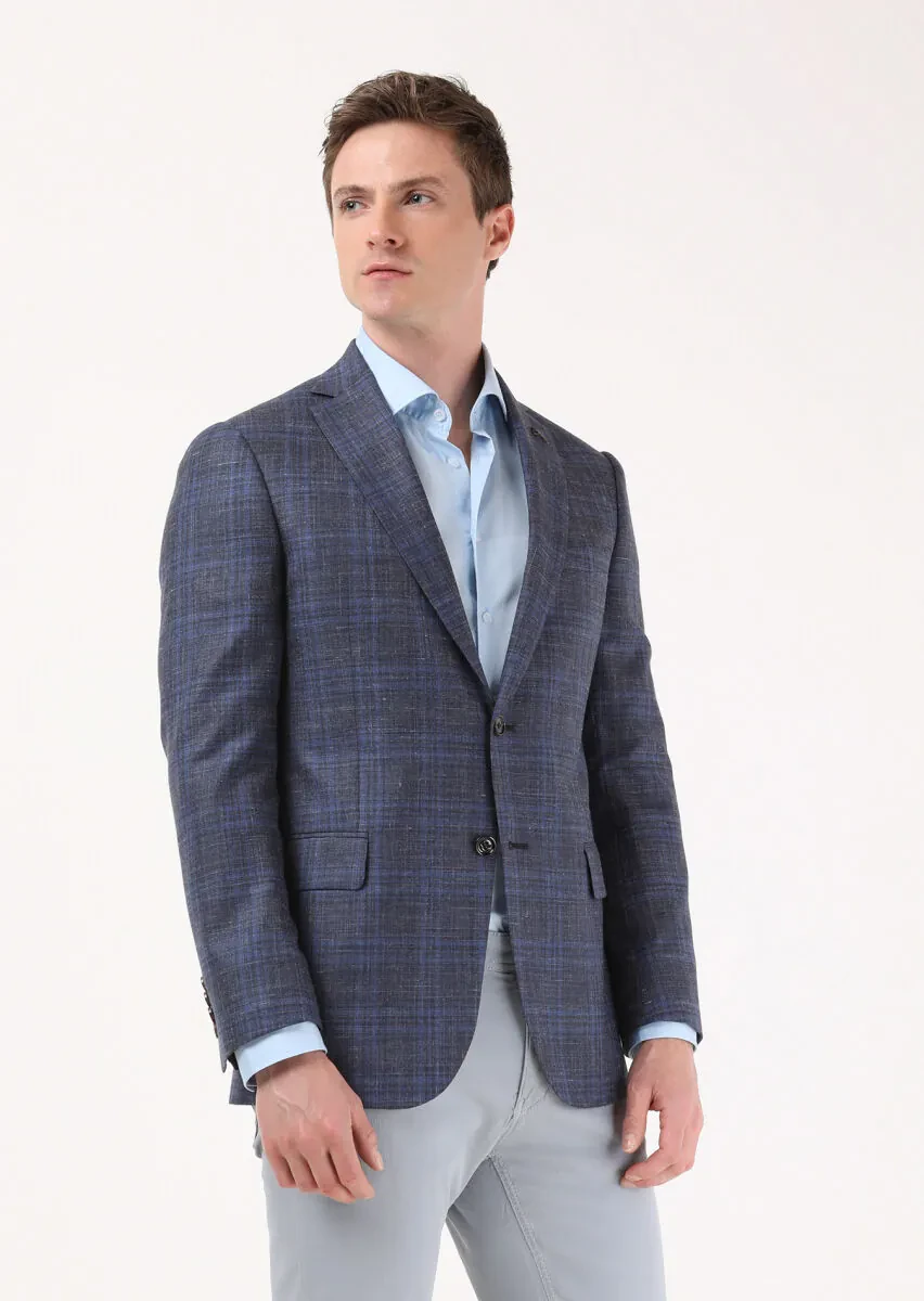 Light Navy Blue Micro Regular Fit Silk Blended Jacket - 4