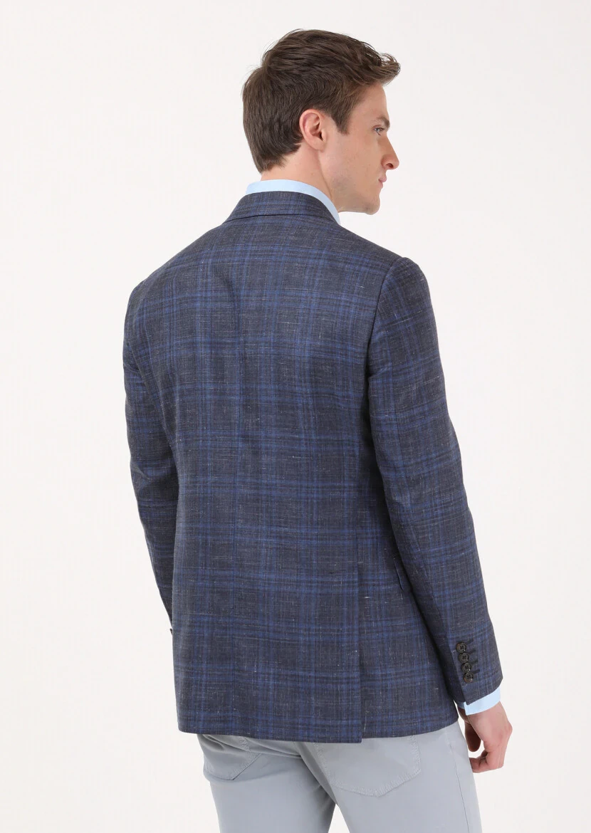 Light Navy Blue Micro Regular Fit Silk Blended Jacket - 5