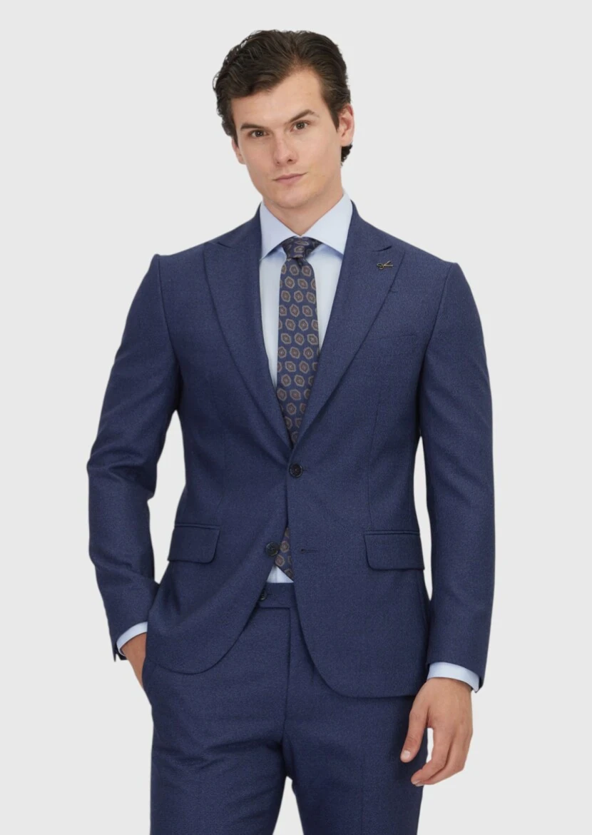 Light Navy Blue Patterned Zeroweight Slim Fit 100% Wool Suit - RAMSEY
