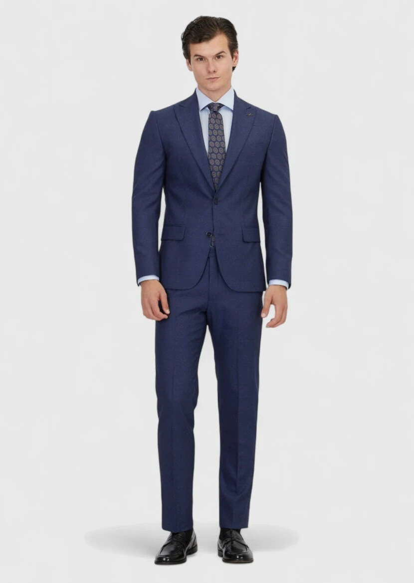 Light Navy Blue Patterned Zeroweight Slim Fit 100% Wool Suit - RAMSEY